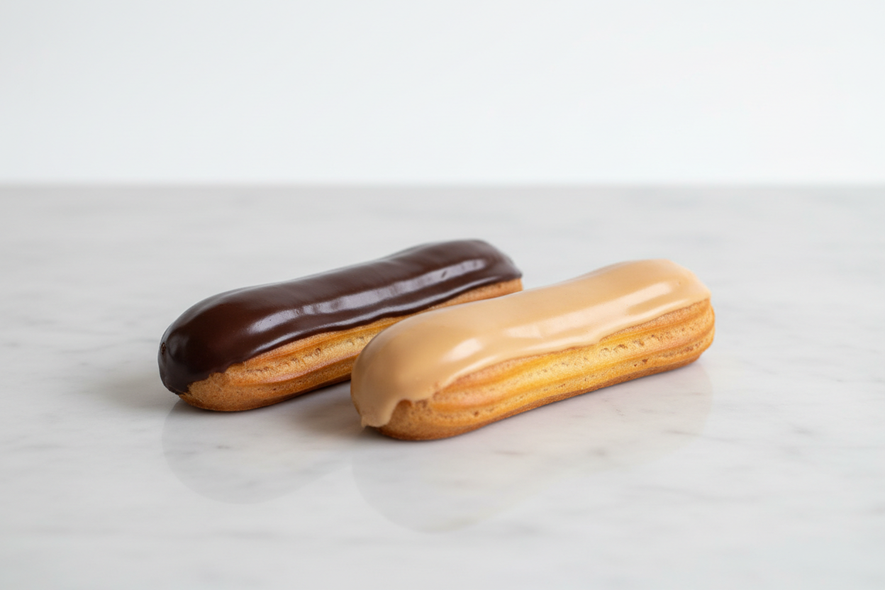 french eclair (one chocolate and one coffee, no crumnble on top or coffee in the back)