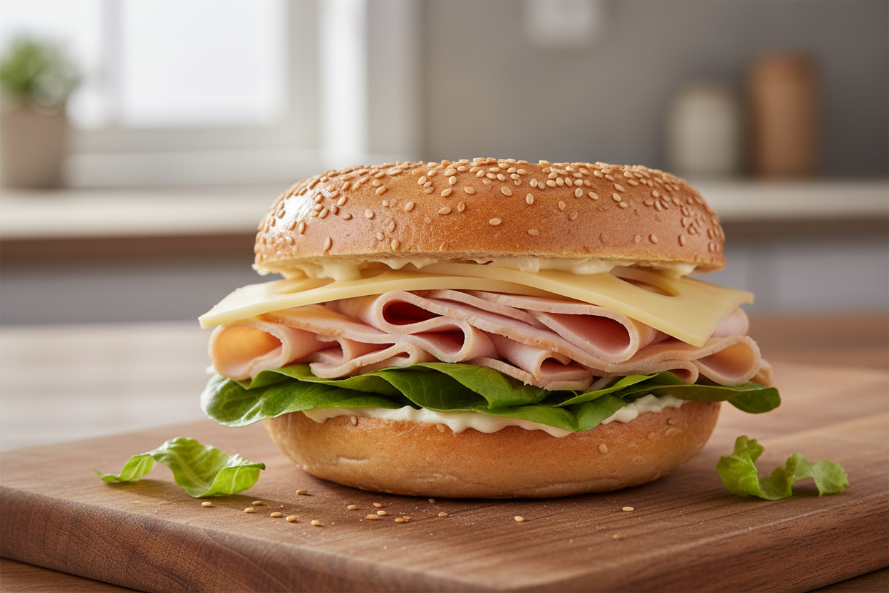 bagel, turkey, emmental, romaine, mayonnaise.&nbsp;